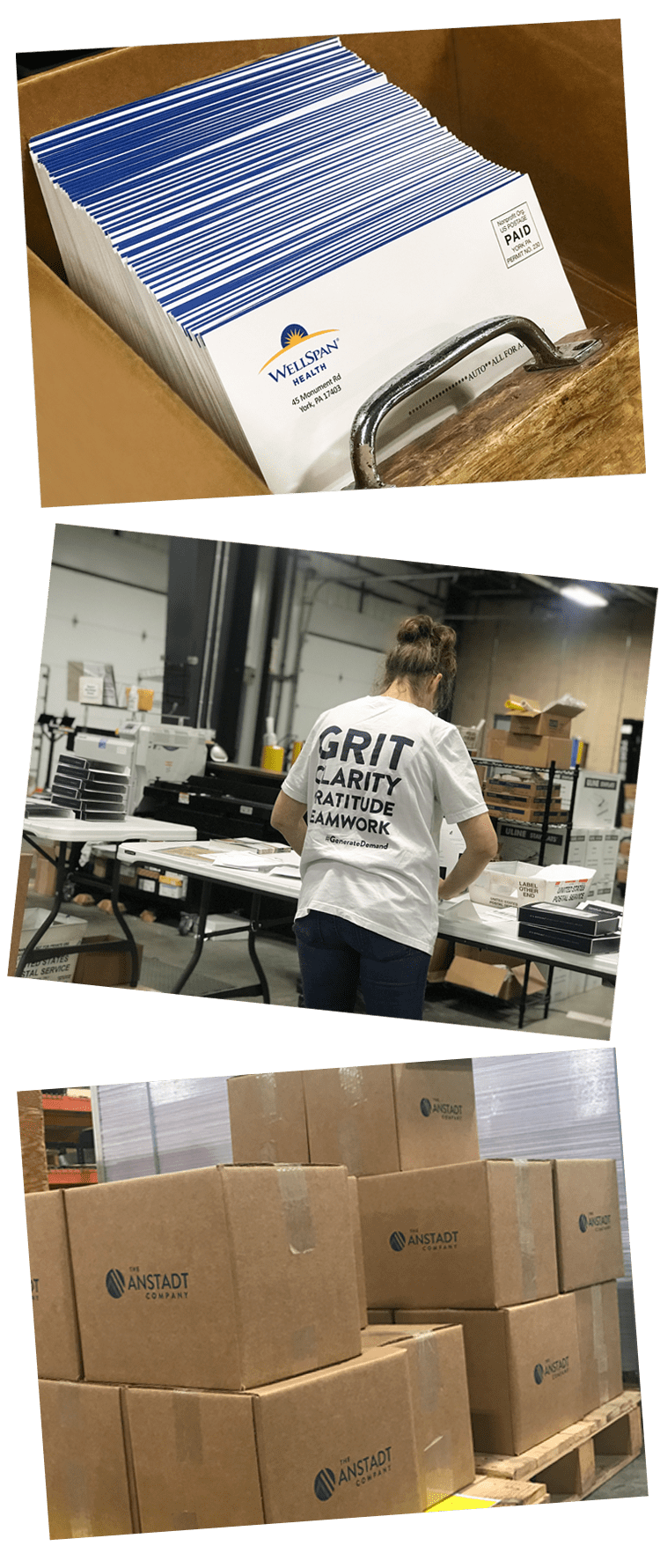 Snapshots of The Anstadt Company's mailing, fulfillment + distribution process